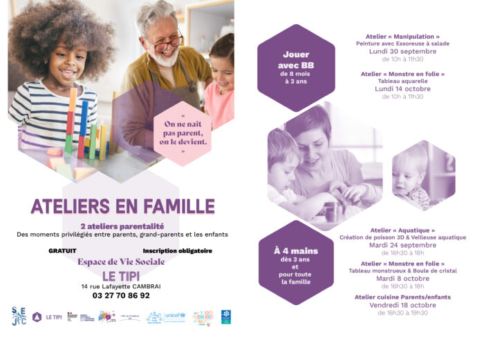 flyer atelier parentalité à Cambrai avec le SEJC